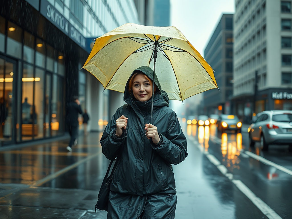 Kobieta w deszczu trzyma żółty parasol, uśmiechając się na ulicy w mieście, w deszczowy dzień.