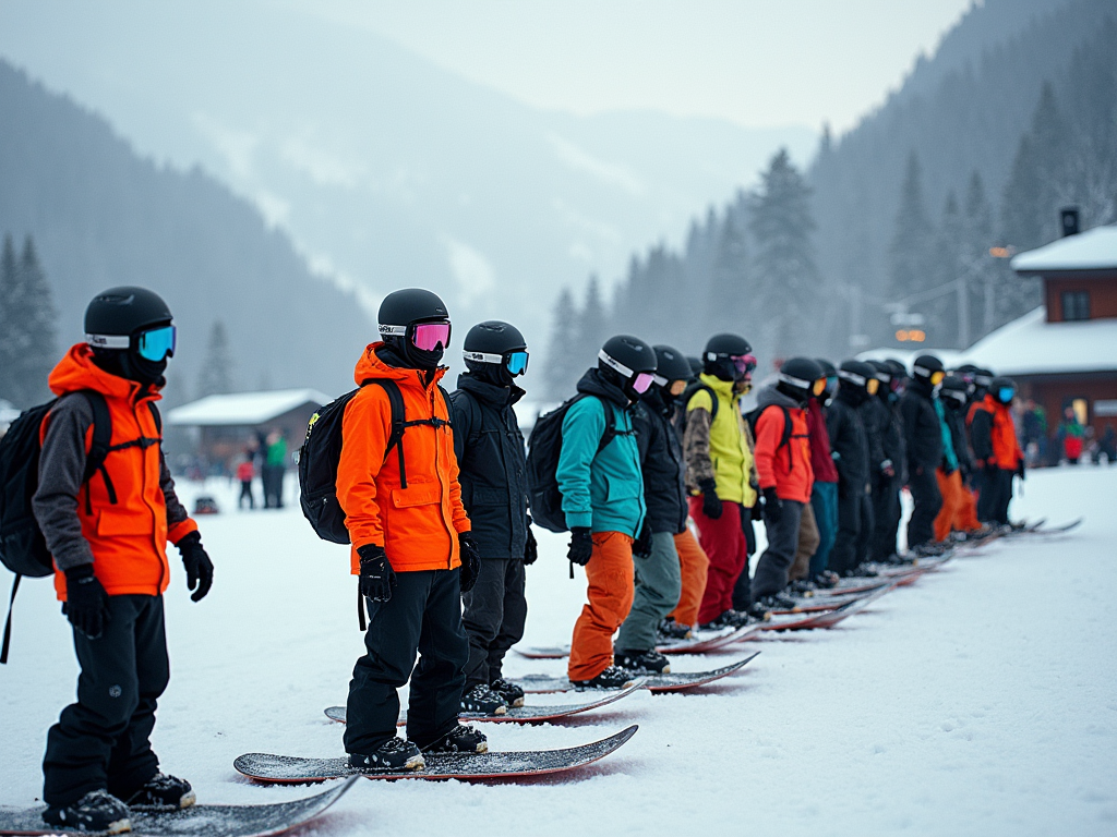 Grupa snowboardzistów w kolorowych strojach stoi na śniegu w kolejce w górskim ośrodku.