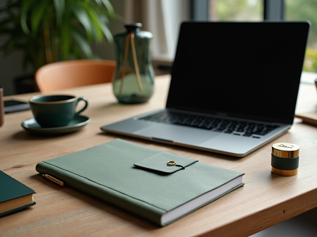 Zielony notes, filiżanka kawy i laptop na drewnianym biurku w jasnym pomieszczeniu.